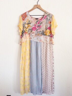 Sacred Threads Mixed Floral Patchwork Short Sleeve Midi Dress S/M Boho Cottage
